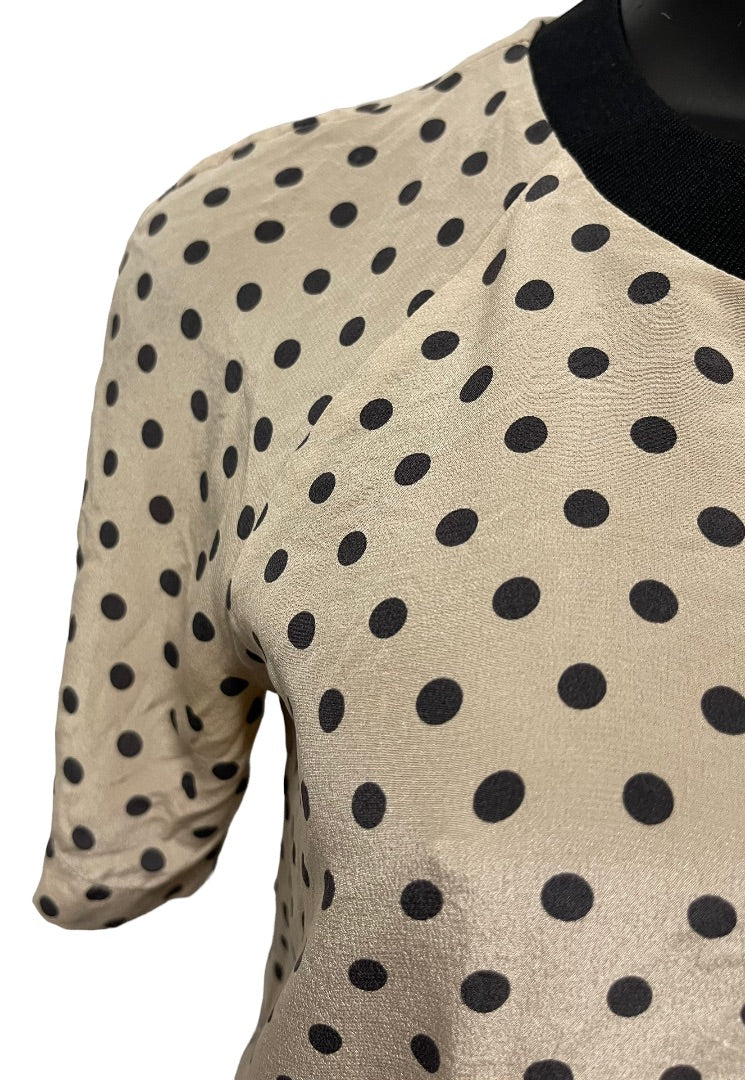 XS Madewell Short Sleeve Polka Dot Womens Silk Blouse Zipper Black Tan