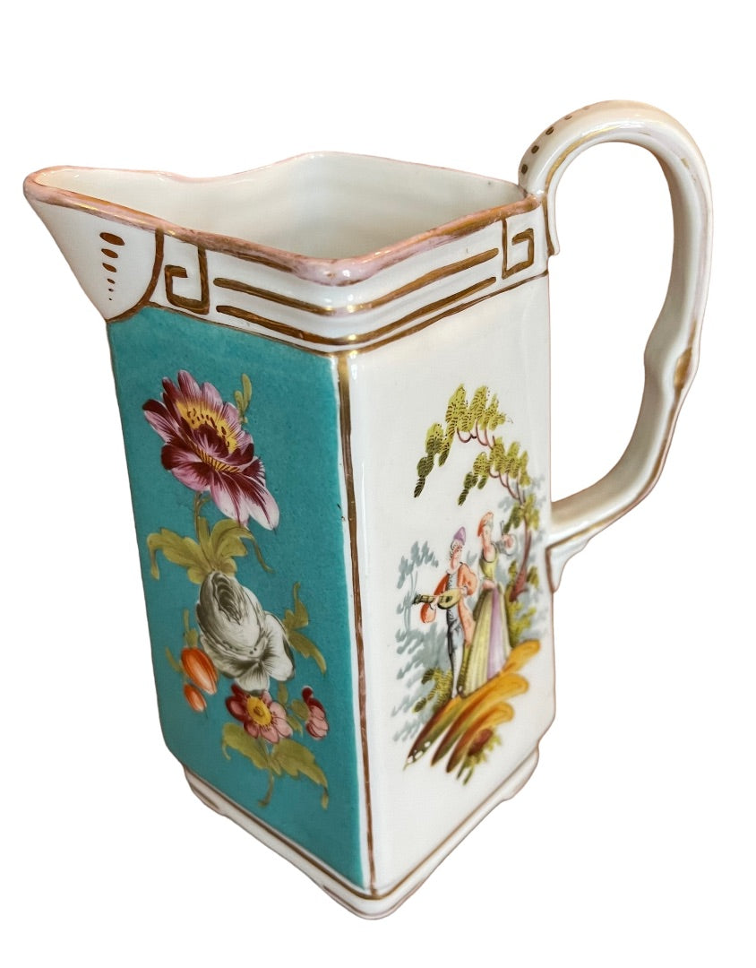 Vintage German Dresden Jug Pitcher Victorian Serenade Scene Handled Teal