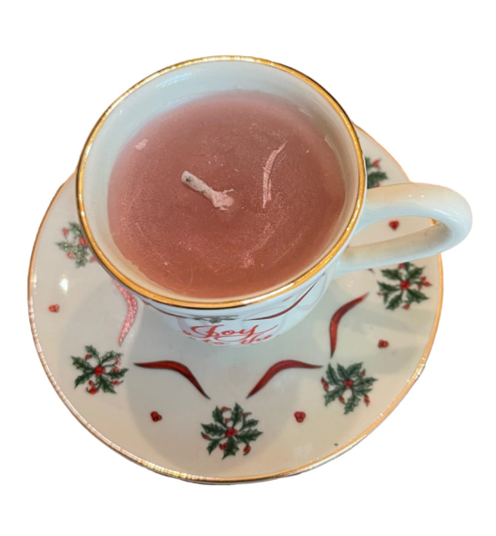 Dicksons Joy to the World Holly Ribbon Christmas Cup & Saucer Candle