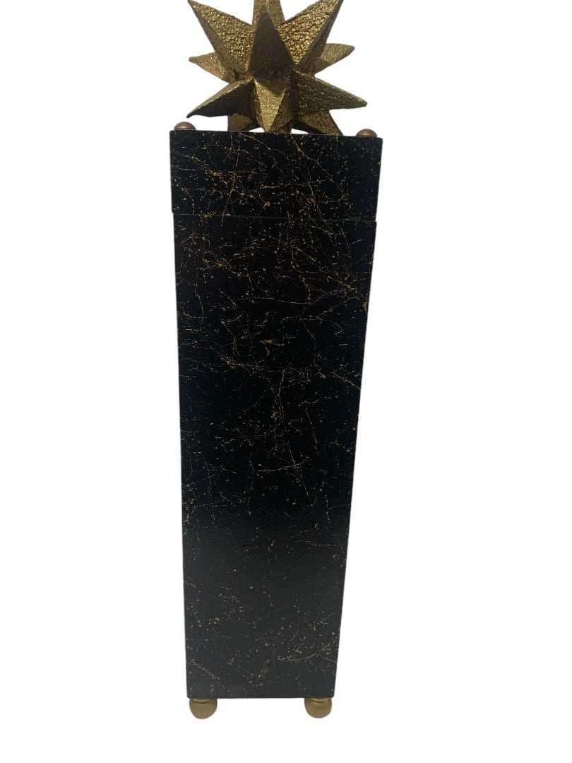 R.Stad Designs Black Gold Hinged Handmade Wood Box Star Topper 18"h x 4" Square