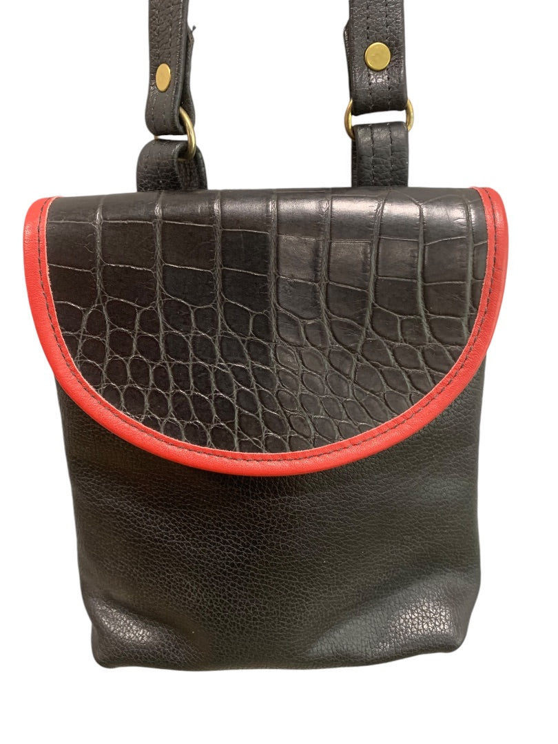 Vintage 1990s Black Red Leather Flap Satchel Hip Bag