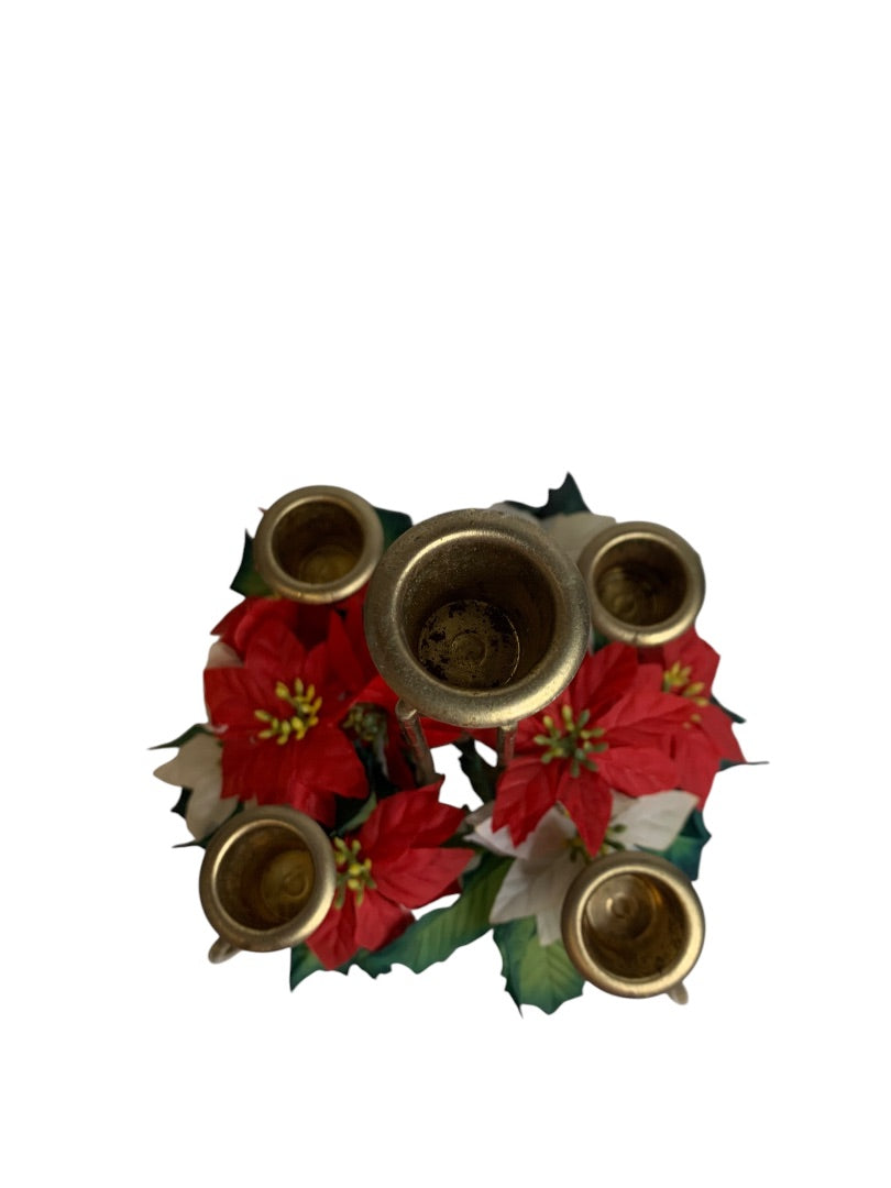 1960s Holiday Poinsettia 5 Taper Candle Holder Christmas Kitschy