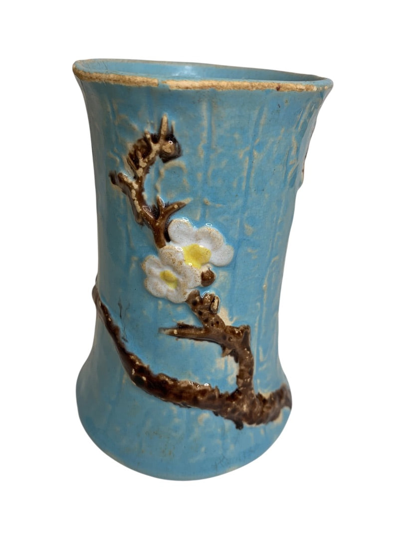 Antique English Majolica Vase Pottery Blue Dogwood 4.75 Inch