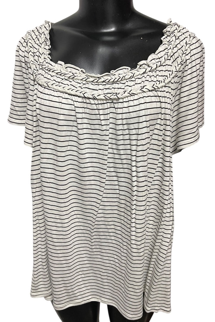 3X Max Studio London Short Sleeve Striped Braided Ruffled Womens Shirt New