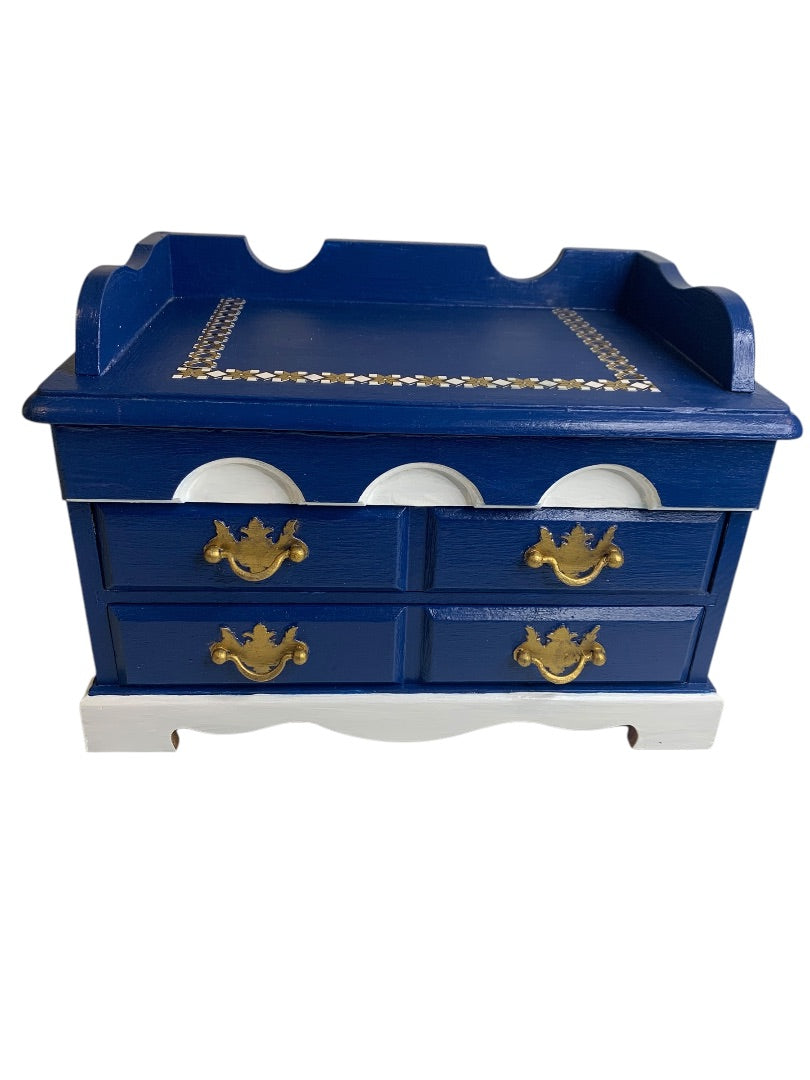 Tabletop Jewelry Box Bright Navy White Goldtone 8"h x 11"l x 6.5"d