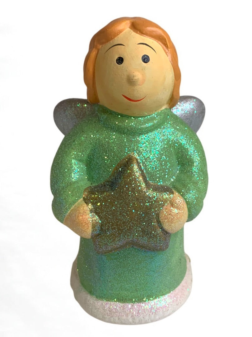 Ceramic Angel Chubby Star Sparkles Green 5 Inch Christmas