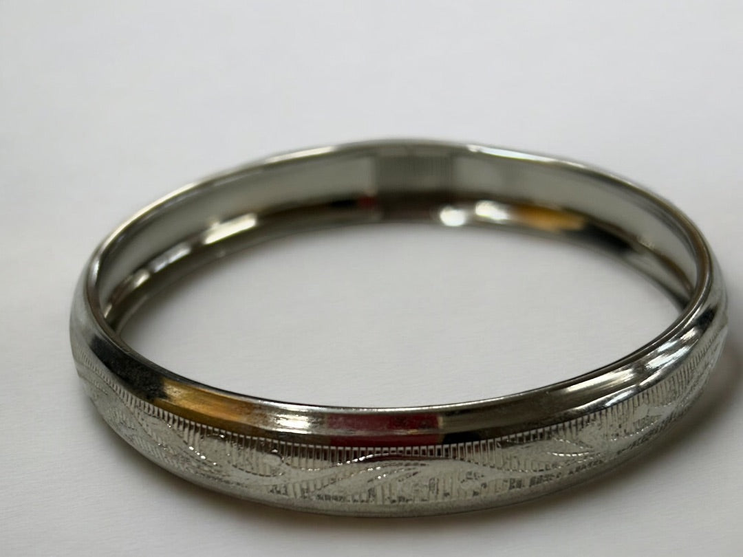 Silvertone Etched Bangle Bracelet 2.6 Inch Inside Diameter 12 mm Width