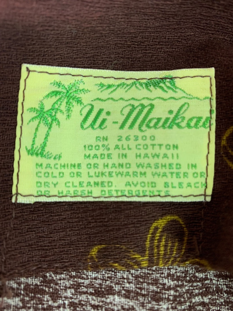 1950s Ui-Maikai Womens Hawaiian Tiki Dress Hibiscus Brown