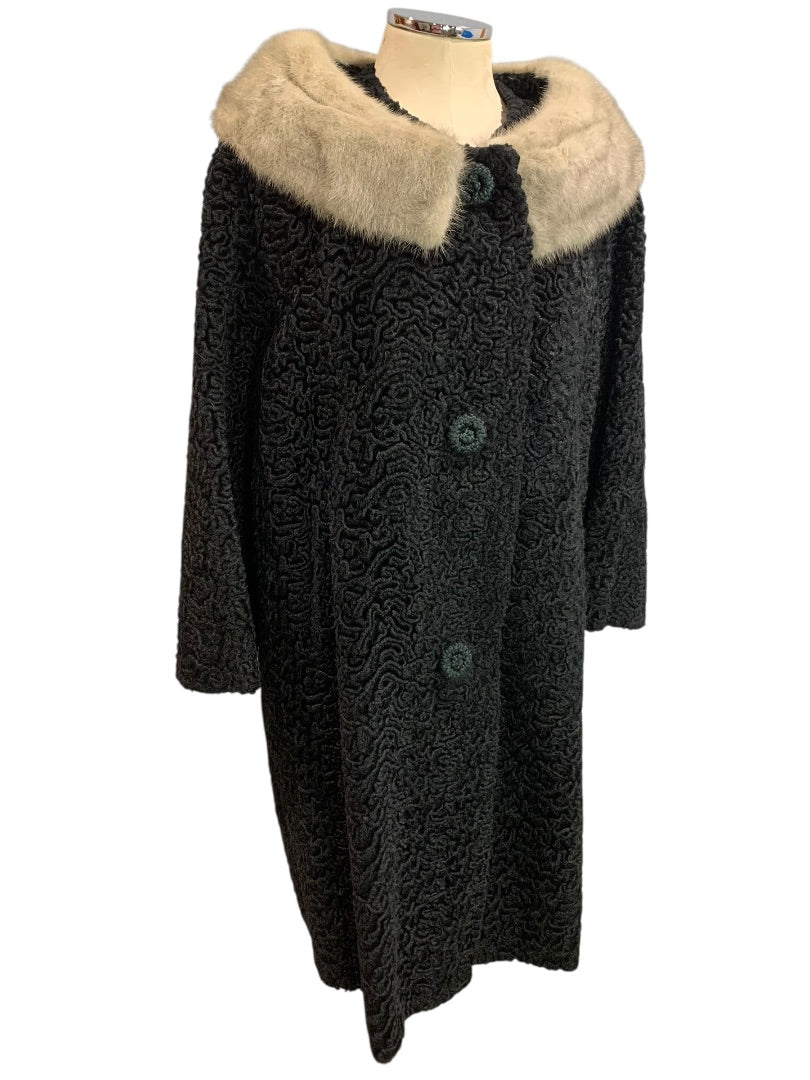 1950s Lambs Wool Mink Collar Womens Persian Coat Astrakin France