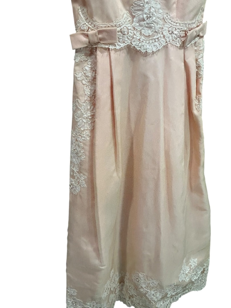 Vintage Handmade Dress Pink Lace Applique Formal 50s Tea Length