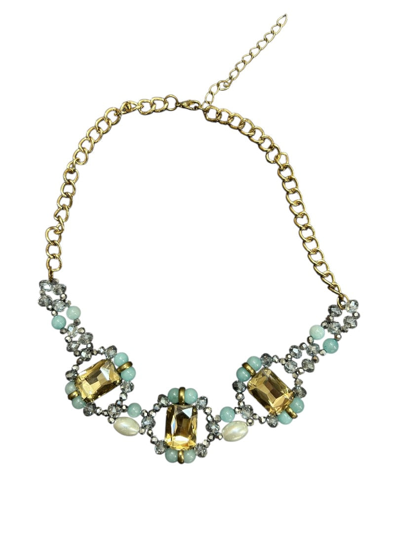 Goldtone Blue Statement Necklace 16-18 Inch Lobster Clasp Faux Pearl