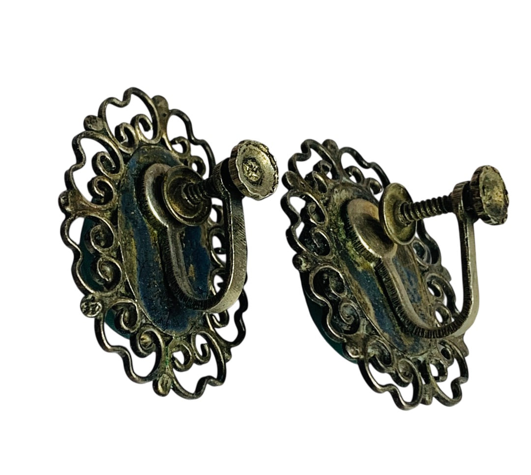Vintage Clip On Screwback Earrings Green Silvertone Filigree 1.1 Inch