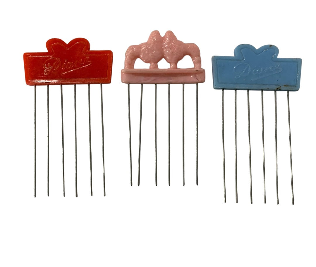 Set of 3 Vintage Hair Picks Combs Pink Poodle "Diane" Metal Teeth