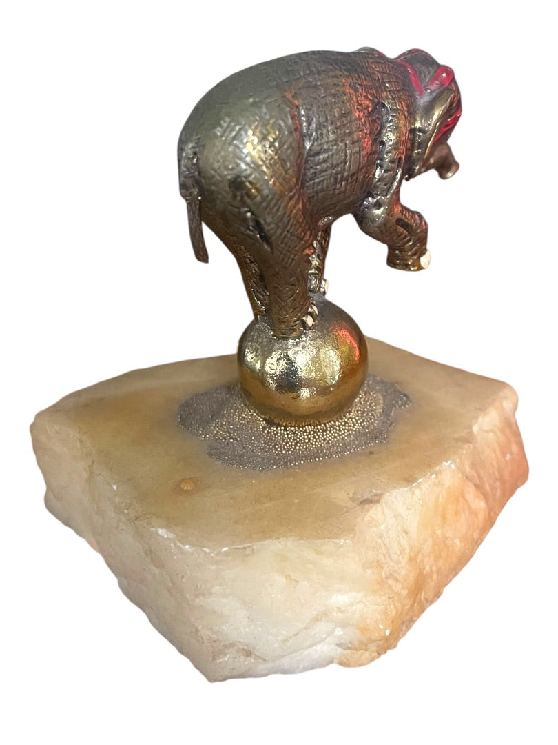 1980 Ron Lee Sculpture Circus Elephant on Ball Quartz Signed Goldtone