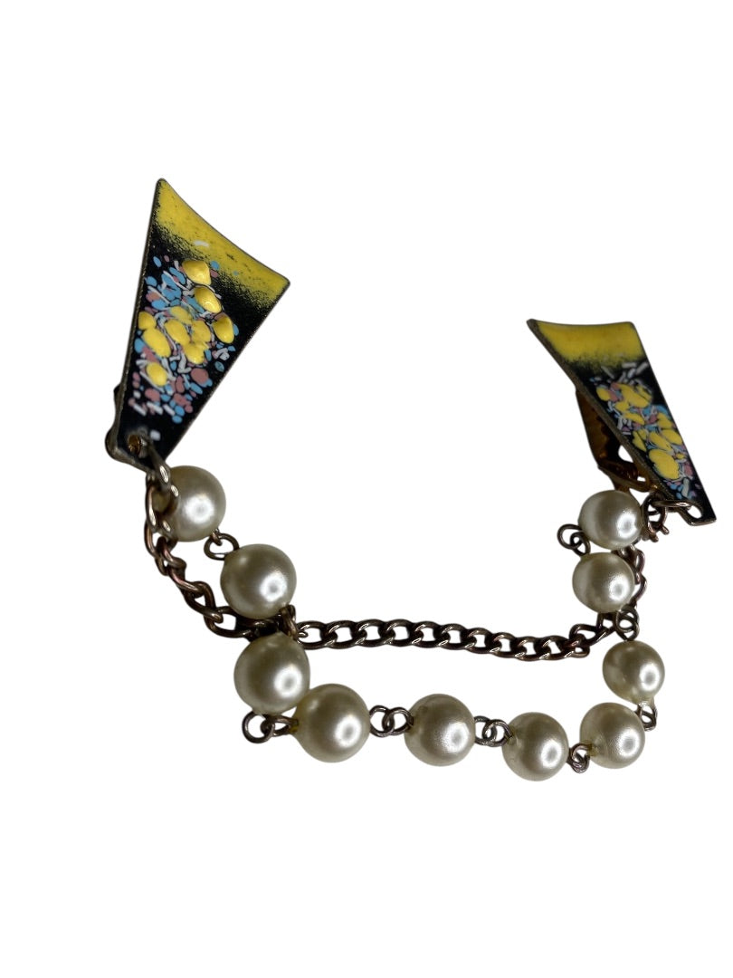 Vintage Enameled Sweater Clip Yellow Chain Abstract 7"