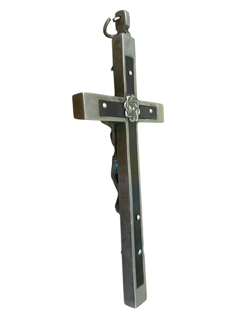 Antique Silvertone Crucifix with Skull and Crossbones Golgotha INRI Cross Convent 5.5"
