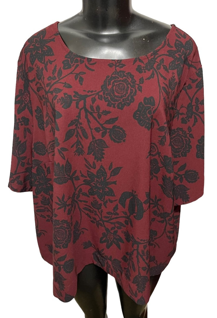 4X Ava & Viv Women's Burgundy Black Floral Petal Back Blouse 1/2 Sleeve