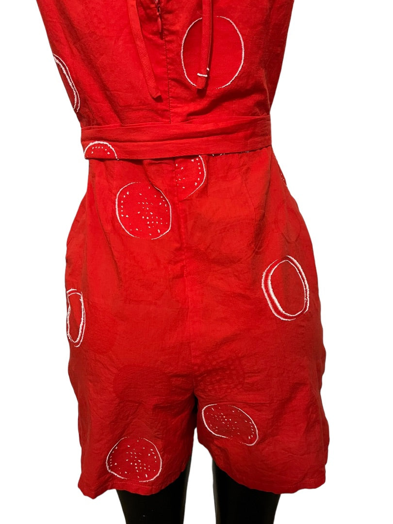 XS Eva Franco Anthropologie Women's Circle Print Romper Red Front Tie