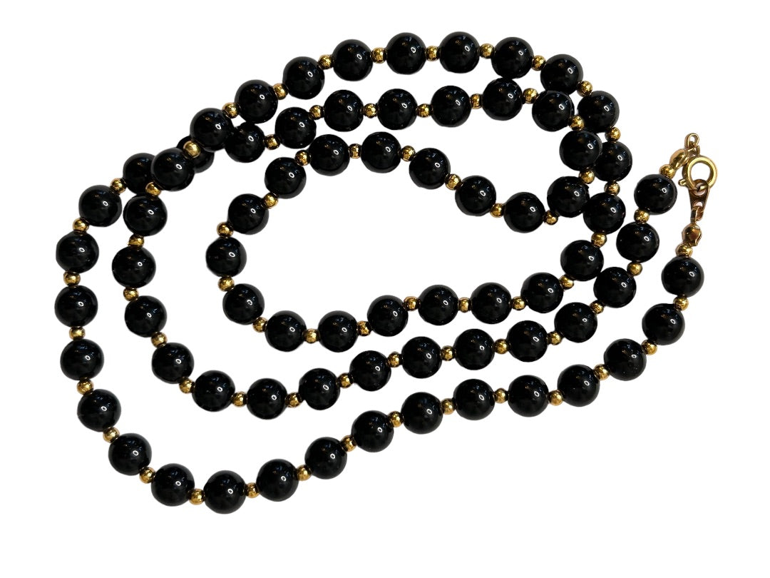 Black Round Beaded 18" Necklace Goldtone Spacers Lobster Clasp Strand String