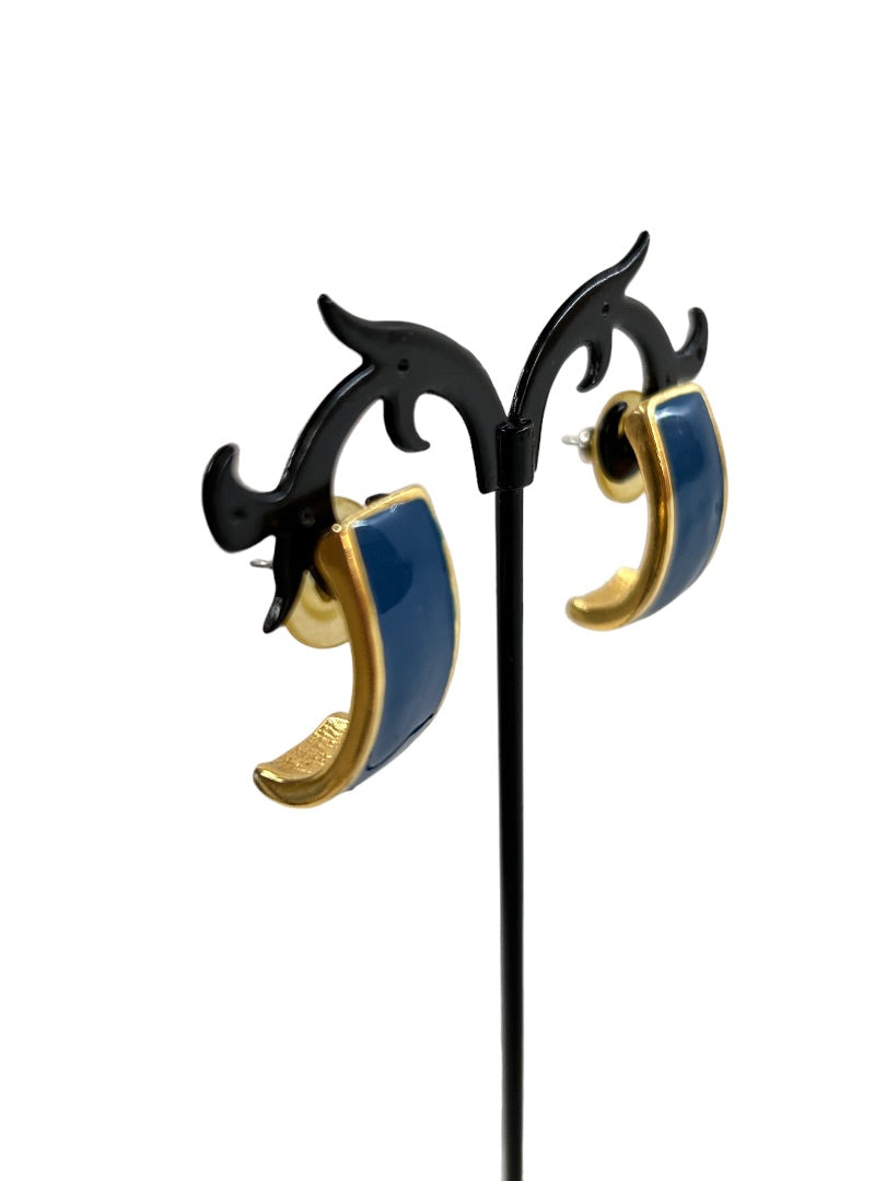 Vintage Post Pierced Demilune Earrings Goldtone Blue Enamel 1980s