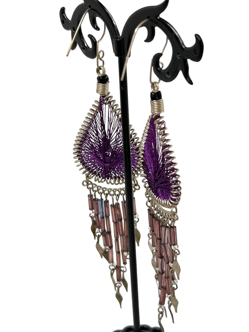 Dreamcatcher Hook Pierced Earrings Purple Silvertone 4.25" Drop Dangle