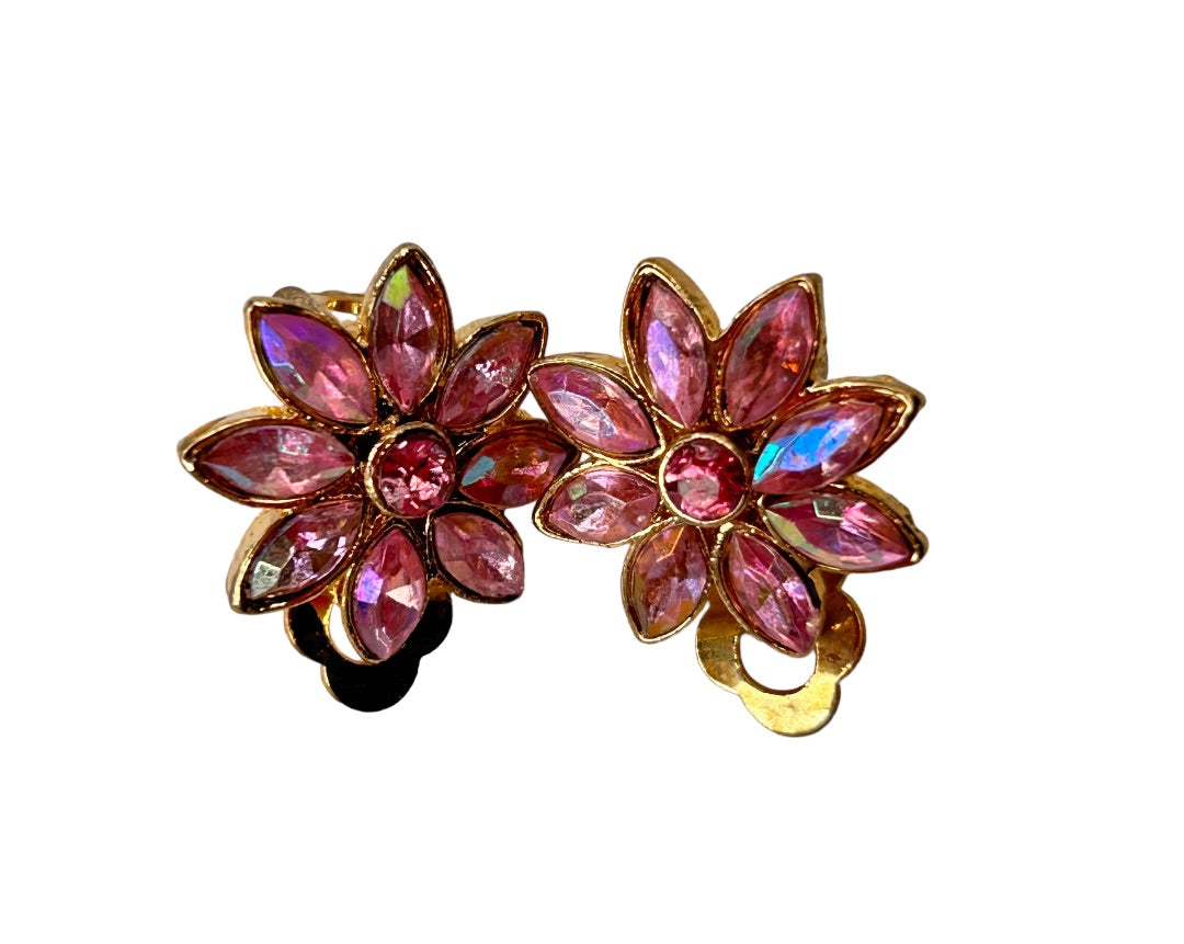 1990s Clip On Pink Crystal Flower Earrings 3/4" Diameter Non-Pierced Goldtone