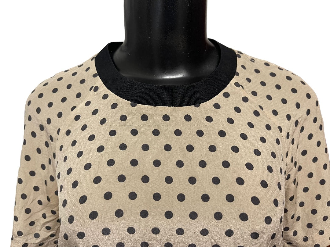 XS Madewell Short Sleeve Polka Dot Womens Silk Blouse Zipper Black Tan
