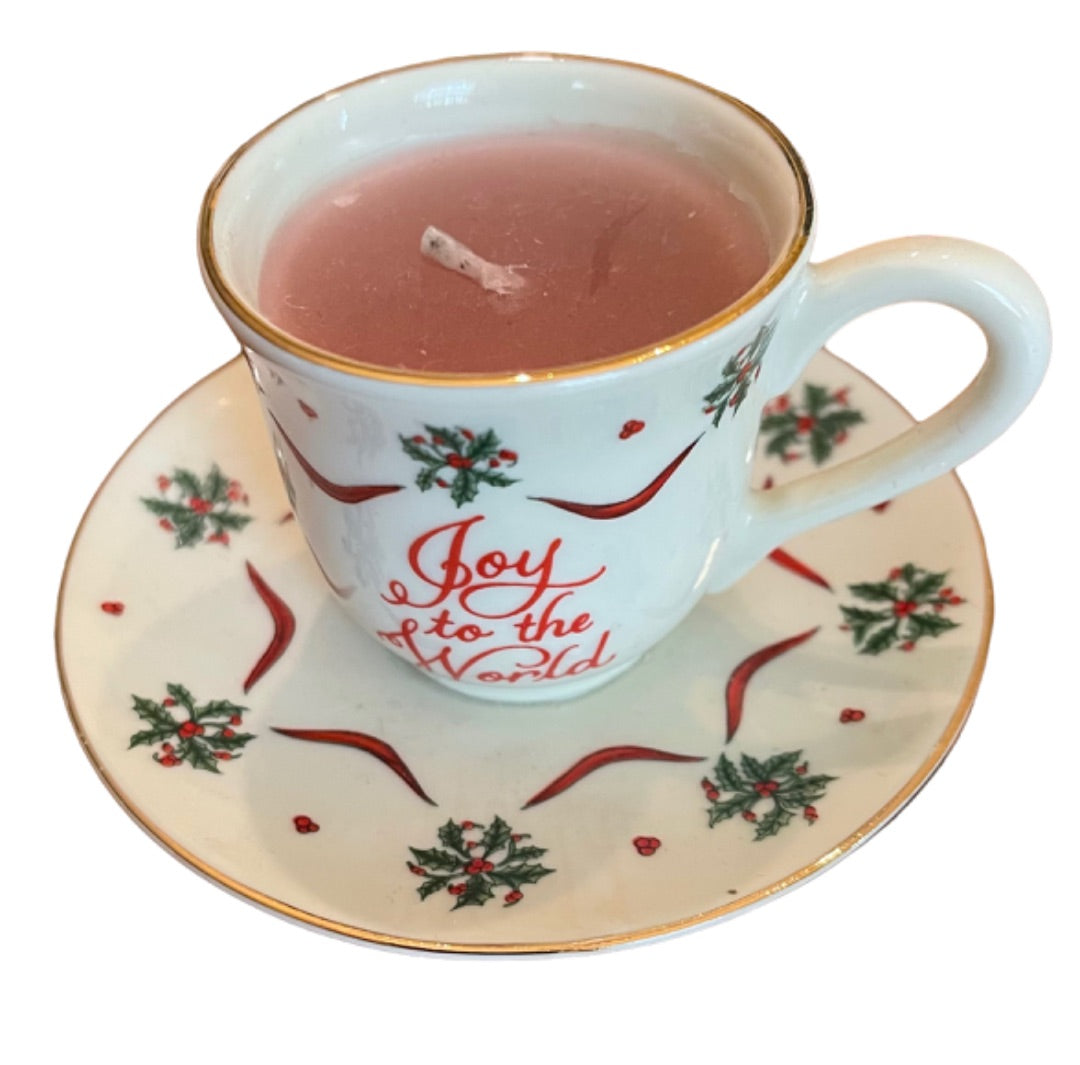 Dicksons Joy to the World Holly Ribbon Christmas Cup & Saucer Candle