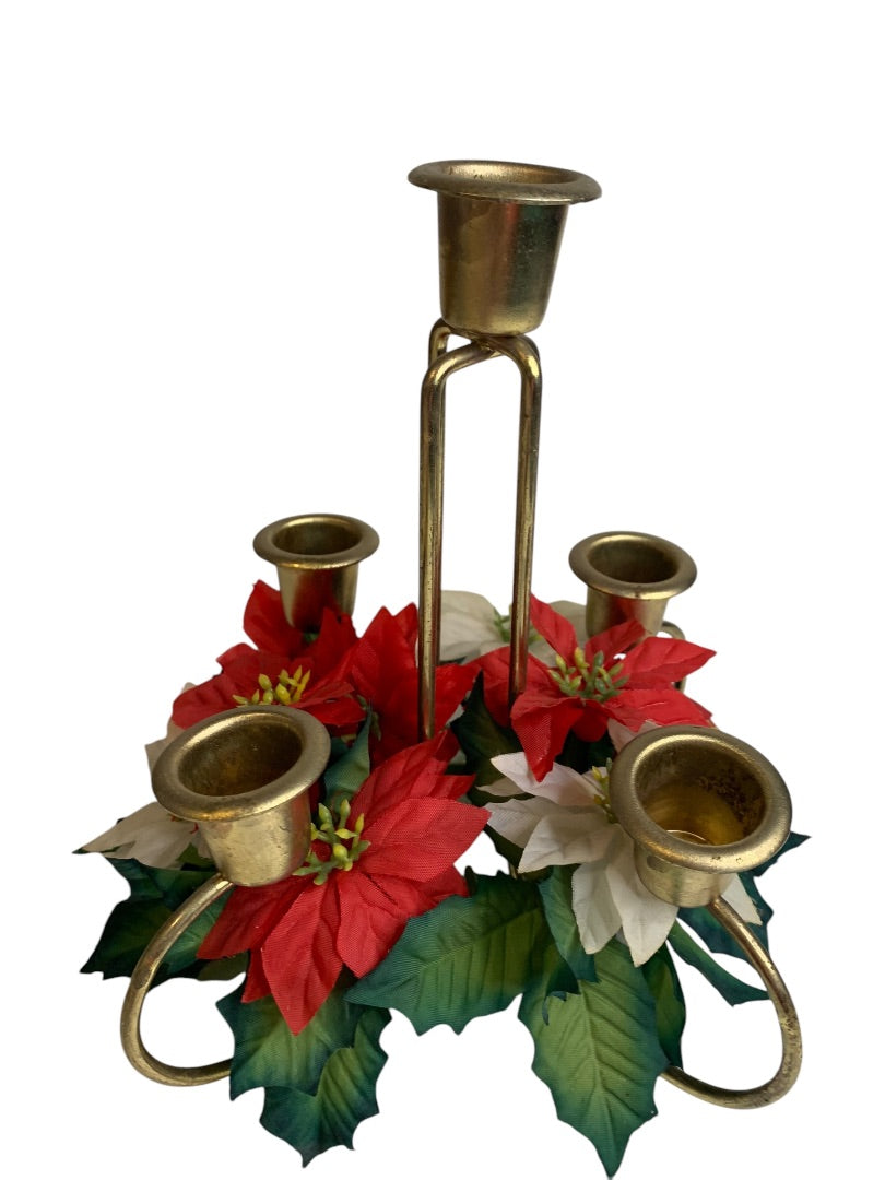 1960s Holiday Poinsettia 5 Taper Candle Holder Christmas Kitschy