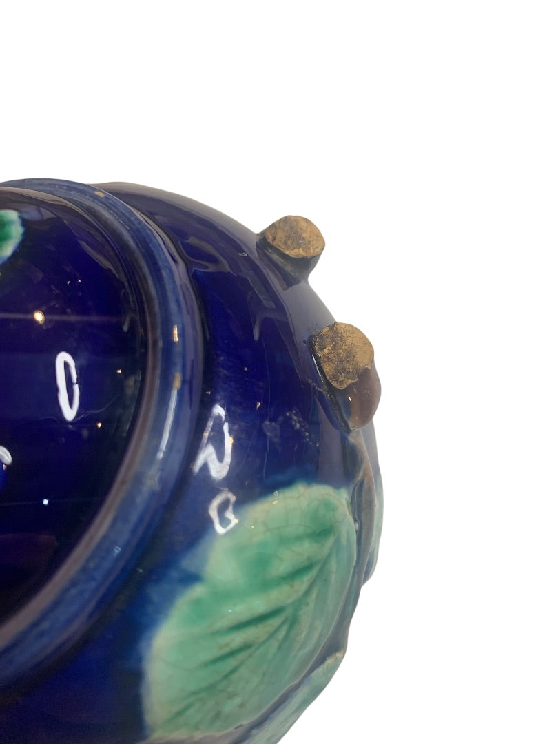 Foster Filbert Majolica Antique Sugar Bowl Lidded Damaged Cobalt Blue