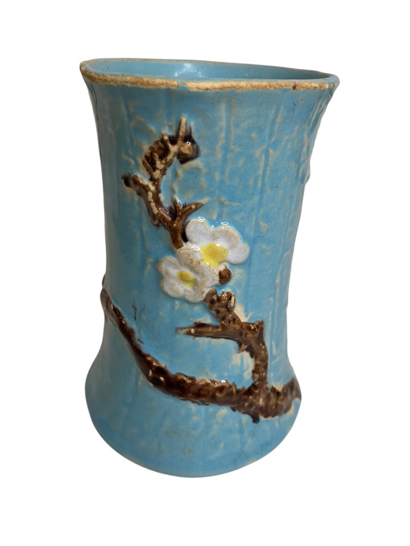 Antique English Majolica Vase Pottery Blue Dogwood 4.75 Inch
