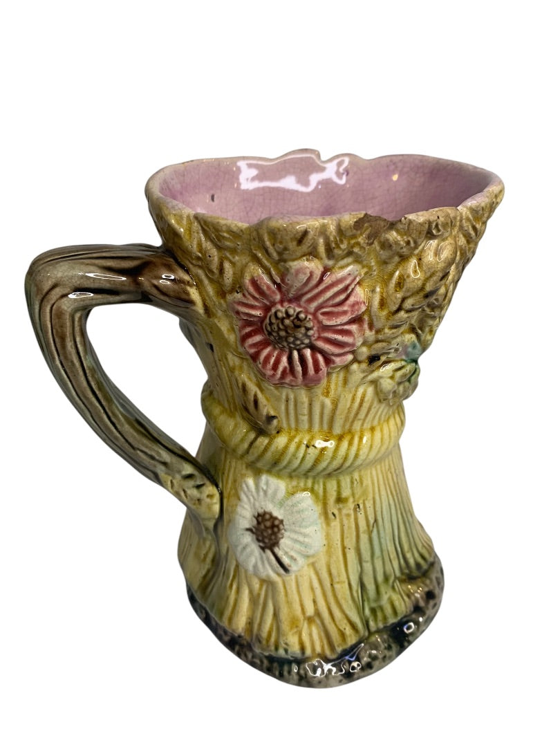 Antique Majolica Wheat Pitcher Pottery 6 Inch Flower Pink
