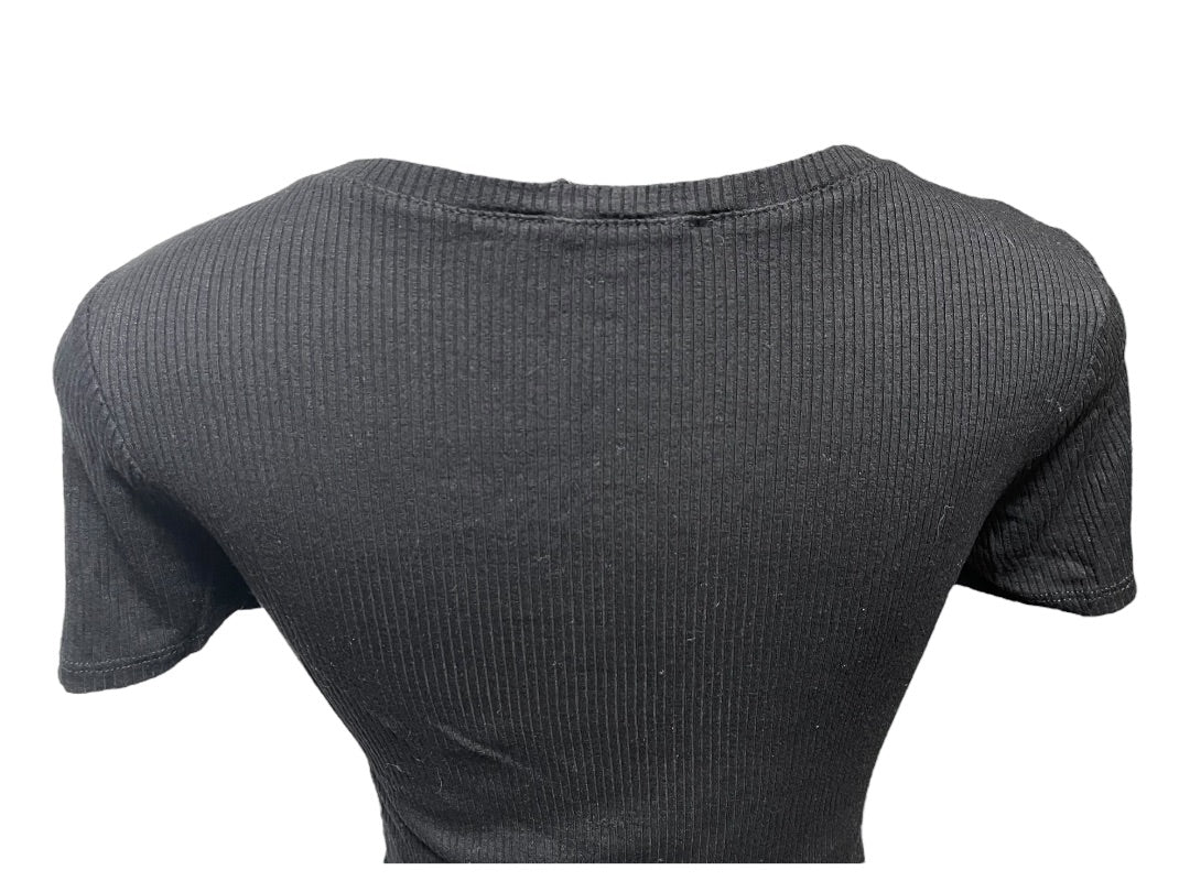 Medium Hashtag In Trend Short Sleeve Ribbed Womens Top Black