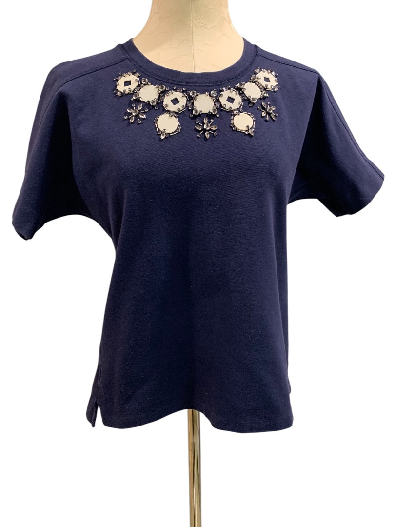 Small J.Crew Womens Navy Blue Ponte Knit Embellished Neckline Shirt