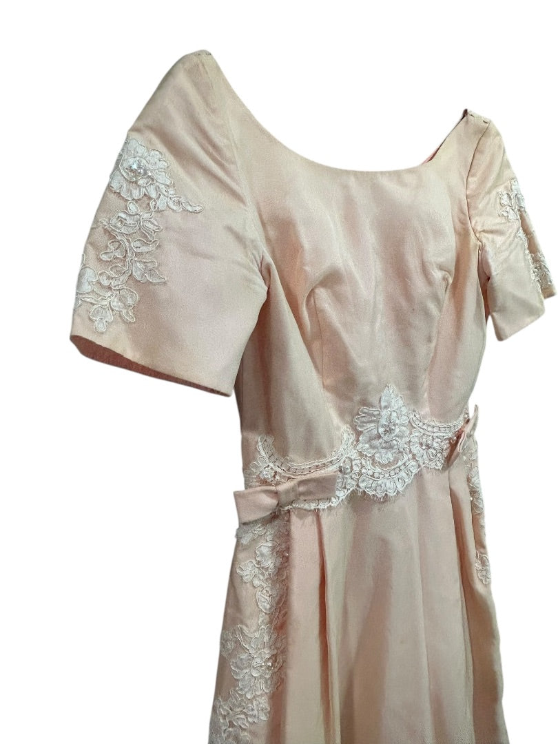 Vintage Handmade Dress Pink Lace Applique Formal 50s Tea Length