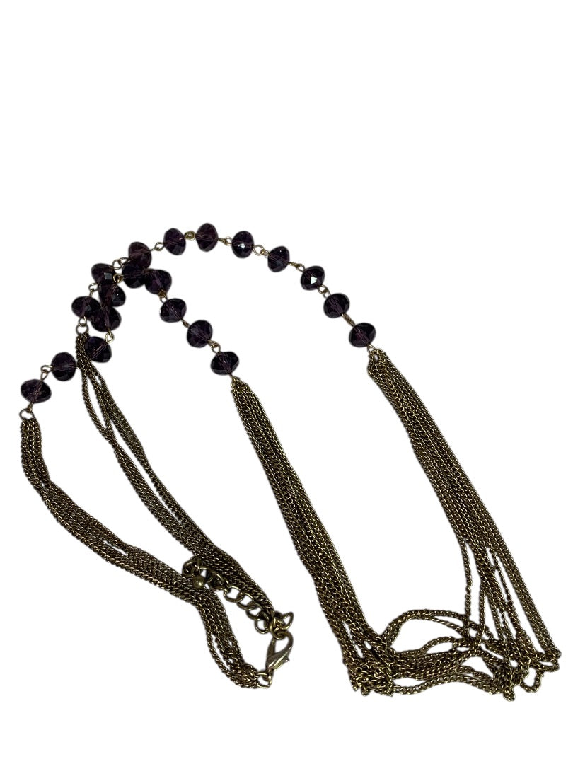Goldtone Purple Beaded Tiered Necklace Long 32 Inch 5" Drop