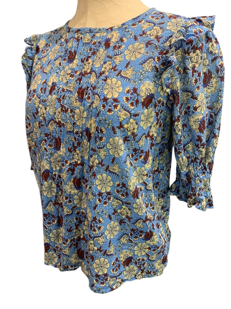 Small Petite Loft Womens Sheer Floral Metallic Threaded Half Sleeve Blouse