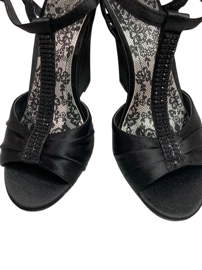 Size 6 Kenneth Cole Reaction Black Satin Embellished 4" Wedge Heel Shoes