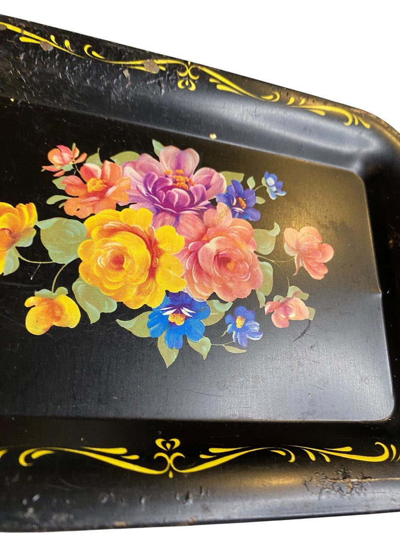 Set of 2 Vintage Toleware Small Metal Bar Trays 6.75" x 4.75" Floral Black