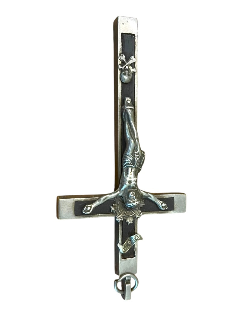 Antique Silvertone Crucifix with Skull and Crossbones Golgotha INRI Cross Convent 5.5"