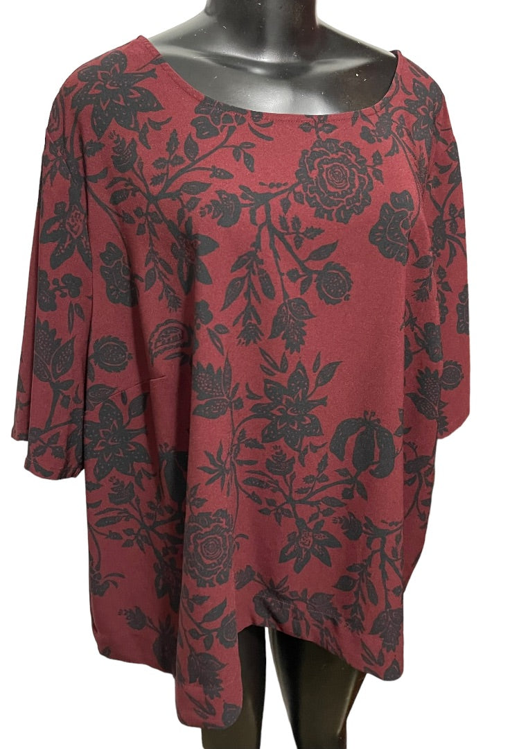 4X Ava & Viv Women's Burgundy Black Floral Petal Back Blouse 1/2 Sleeve