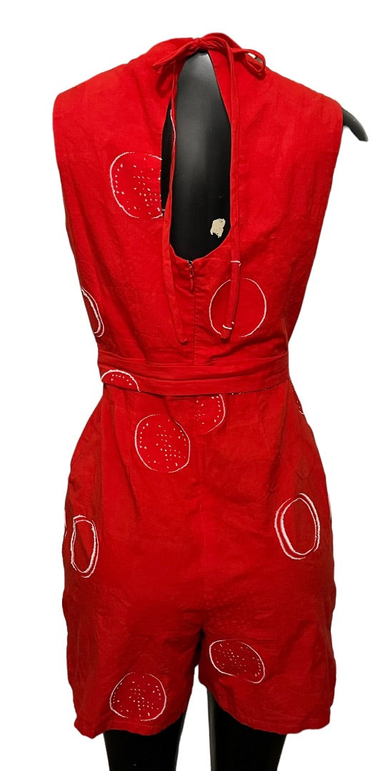 XS Eva Franco Anthropologie Women's Circle Print Romper Red Front Tie