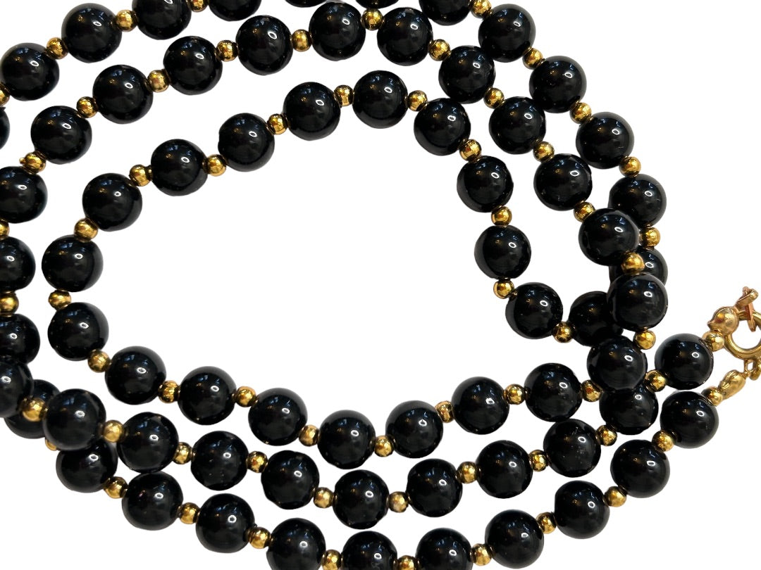 Black Round Beaded 18" Necklace Goldtone Spacers Lobster Clasp Strand String