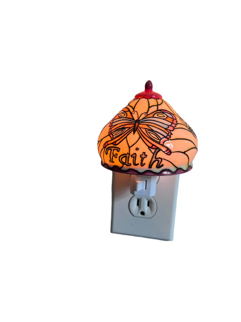 Butterfly Faith Night Light Russ Ceramic Faux Stained Glass Lamp Shade NEW