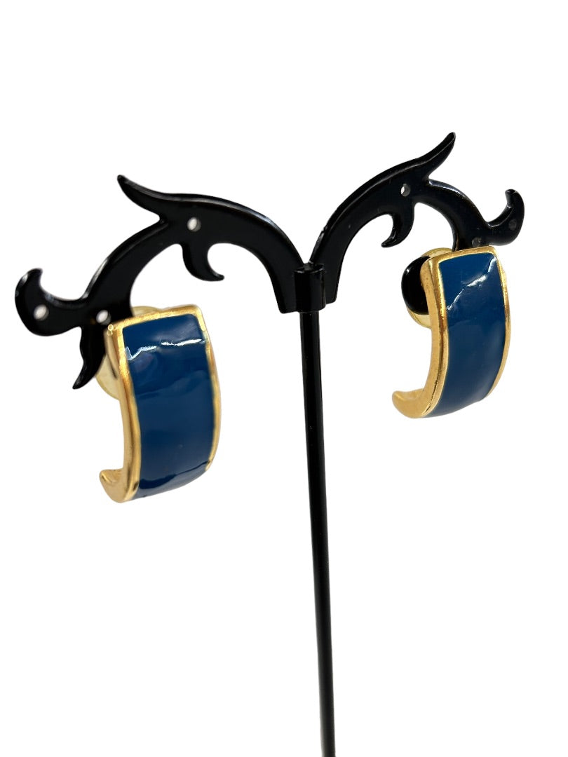 Vintage Post Pierced Demilune Earrings Goldtone Blue Enamel 1980s