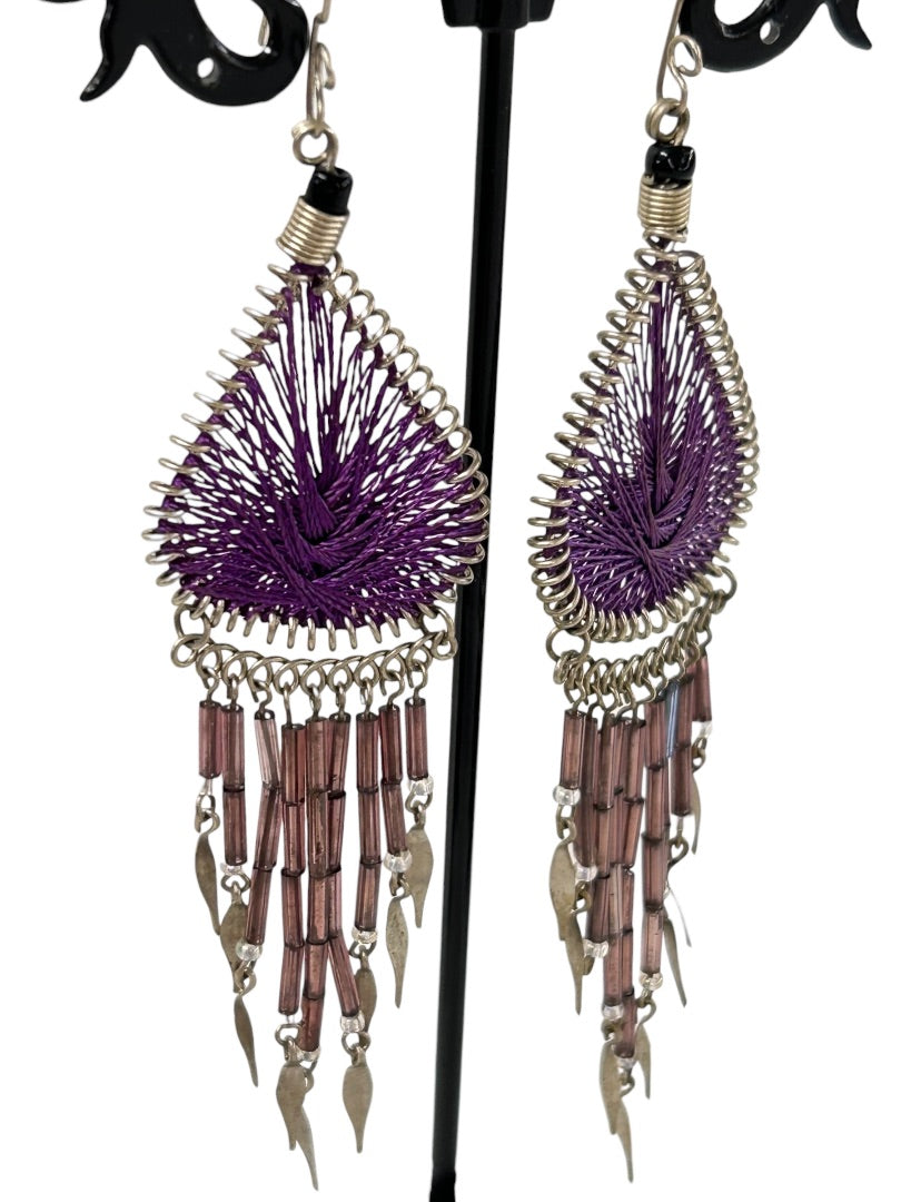 Dreamcatcher Hook Pierced Earrings Purple Silvertone 4.25" Drop Dangle