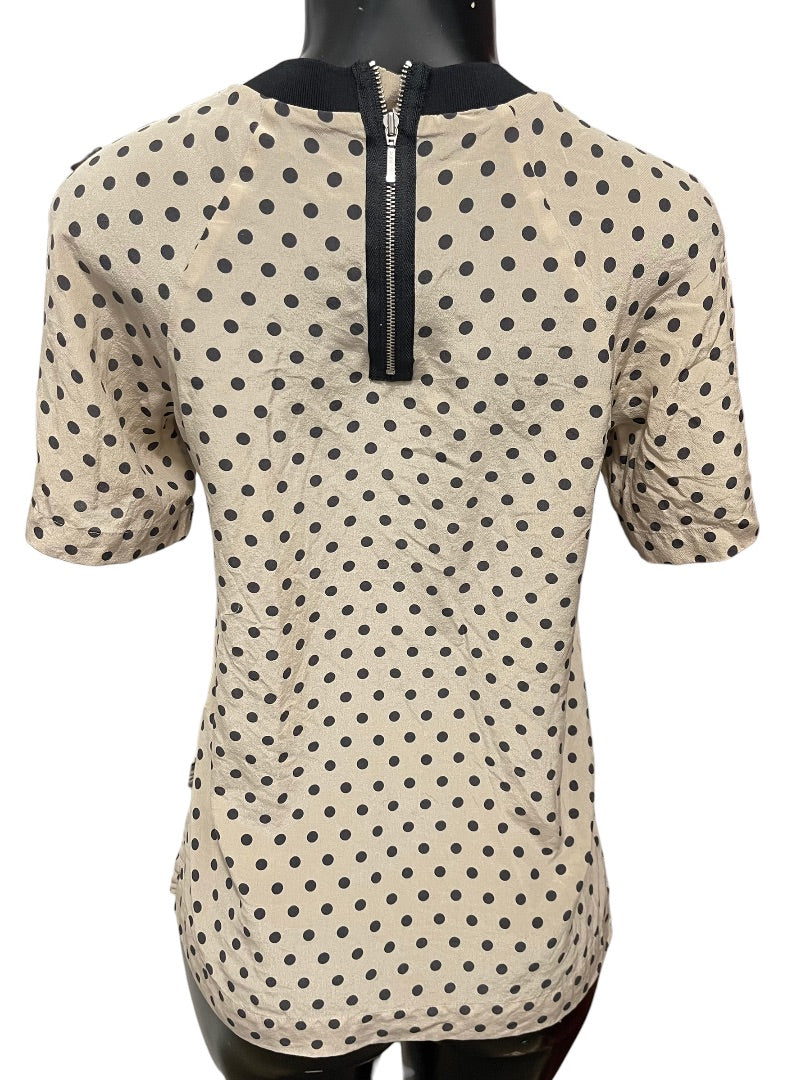 XS Madewell Short Sleeve Polka Dot Womens Silk Blouse Zipper Black Tan