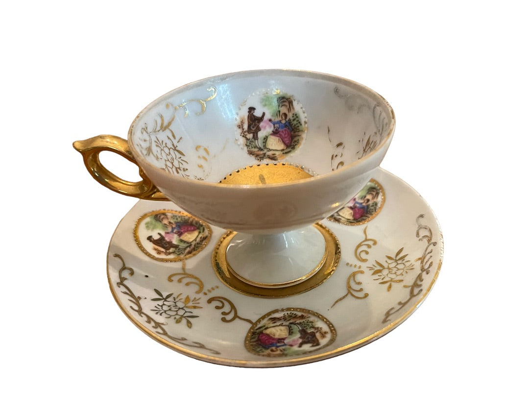 Porcelain with Gold Trim Footed Demitasse Cup and Saucer Set Maruei Courting Couple