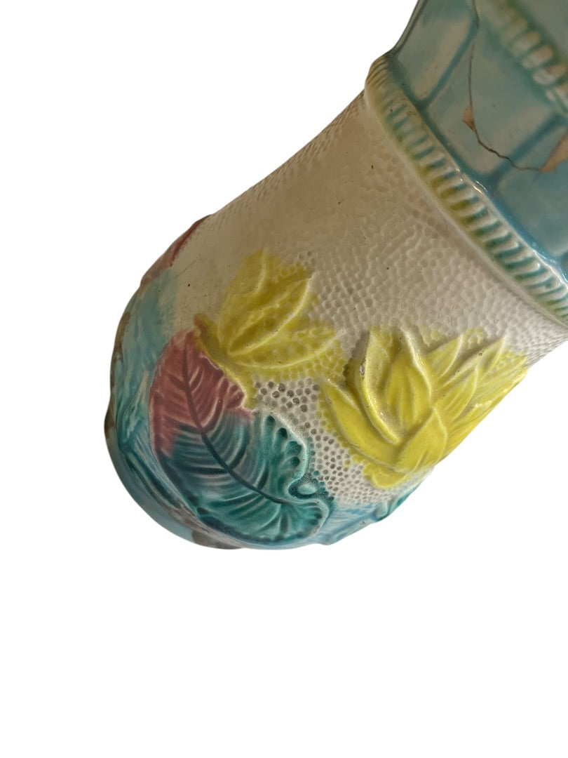 Antique Majolica Water Lily Pond Vase 5.5 Inch High Repaired Vivid