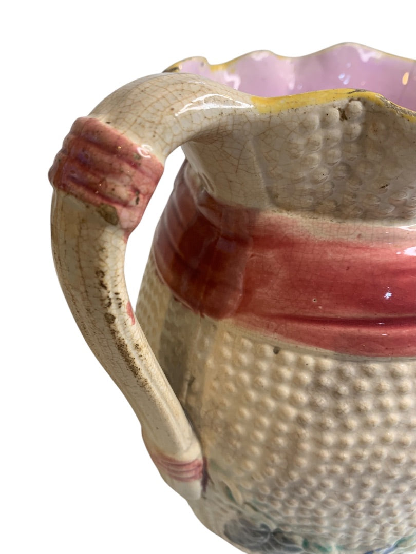 Majolica Pitcher Ribbon Pattern Antique 7.5 Inch Wildflower Ribbon